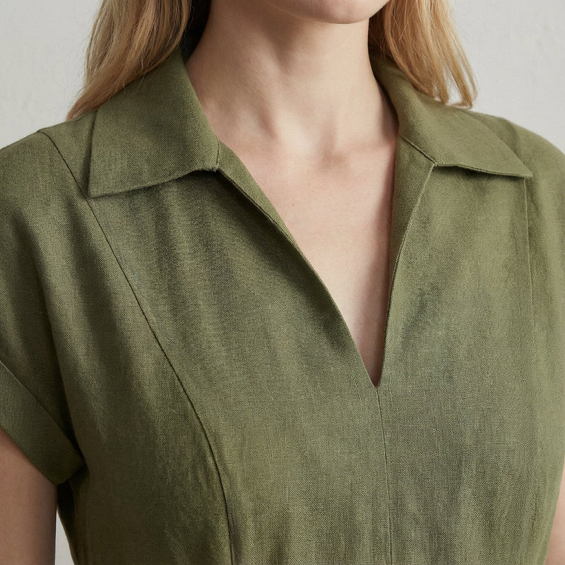 Olive Green Cotton Flax Paneled A-Line Midi Dress 68" / Custom Height (Free) Olive Green Cotton Flax Paneled A-Line Midi Dress 68" / Custom Height (Free)