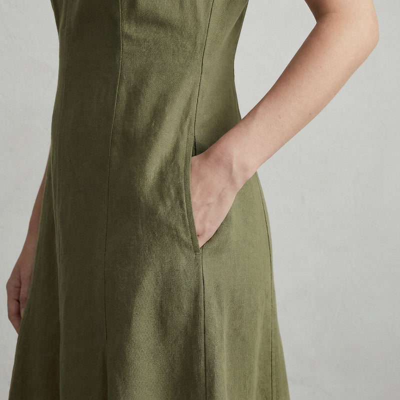 Buy Olive Green Cotton Flax Paneled A-Line Midi Dress Online at  SeamsFriendly