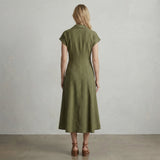 Olive Green Cotton Flax Paneled A-Line Midi Dress