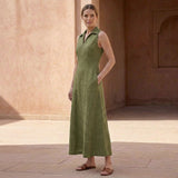 Olive Green Cotton Flax Paneled Sleeveless Maxi Dress
