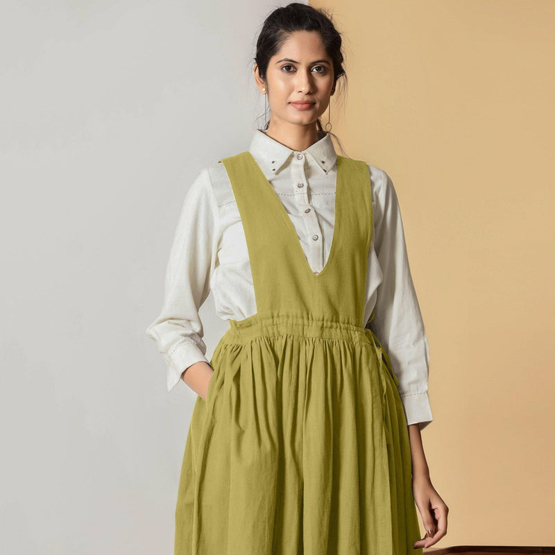 Buy Olive Green Cotton Flax Pinafore Midi Wrap Dress Online at