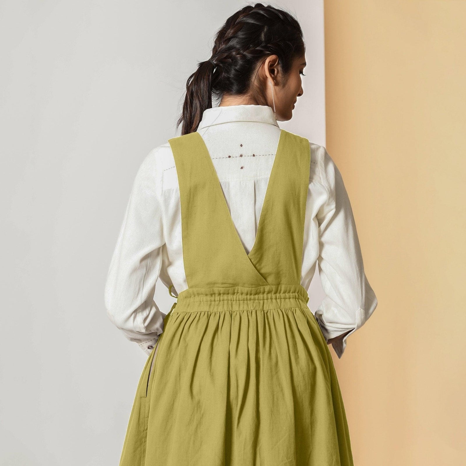 Olive Green Cotton Flax Pinafore Midi Wrap Dress 60" / Regular (5'2" - 5'6") Olive Green Cotton Flax Pinafore Midi Wrap Dress 60" / Regular (5'2" - 5'6")
