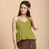 Front View of a Model wearing Olive Green Cotton Flax Pleated Camisole Top