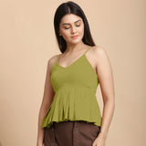 Left View of a Model wearing Olive Green Cotton Flax Pleated Camisole Top