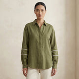 Olive Green Cotton Flax Relaxed Full Sleeve Button-Down Shirt