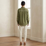 Olive Green Cotton Flax Relaxed Full Sleeve Button-Down Shirt