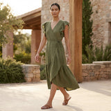 Olive Green Cotton Flax Ruffle Midi Wrap Dress
