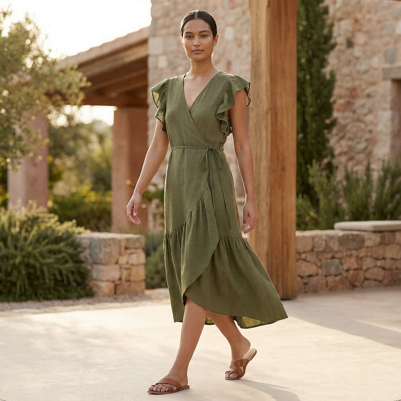 olive green wrap dress Buy Olive Green Cotton Flax Ruffle Midi Wrap Dress Online at SeamsFriendly