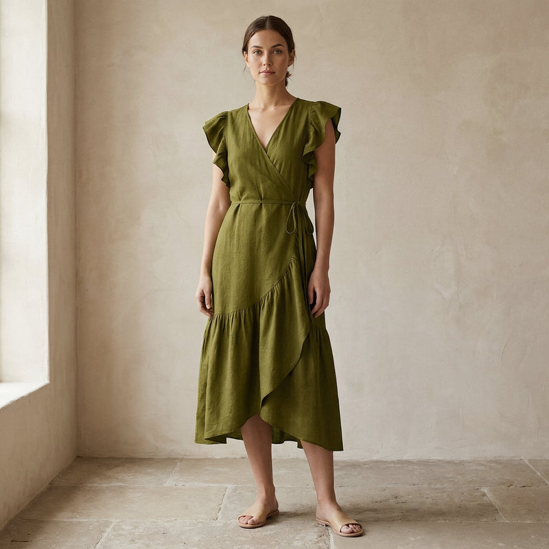 olive green wrap dress Olive Green Cotton Flax Ruffle Midi Wrap Dress 62" / Custom Height (Free)