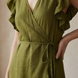 Olive Green Cotton Flax Ruffle Midi Wrap Dress