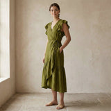 Olive Green Cotton Flax Ruffle Midi Wrap Dress