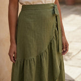Olive Green Cotton Flax Ruffle Midi Wrap Skirt