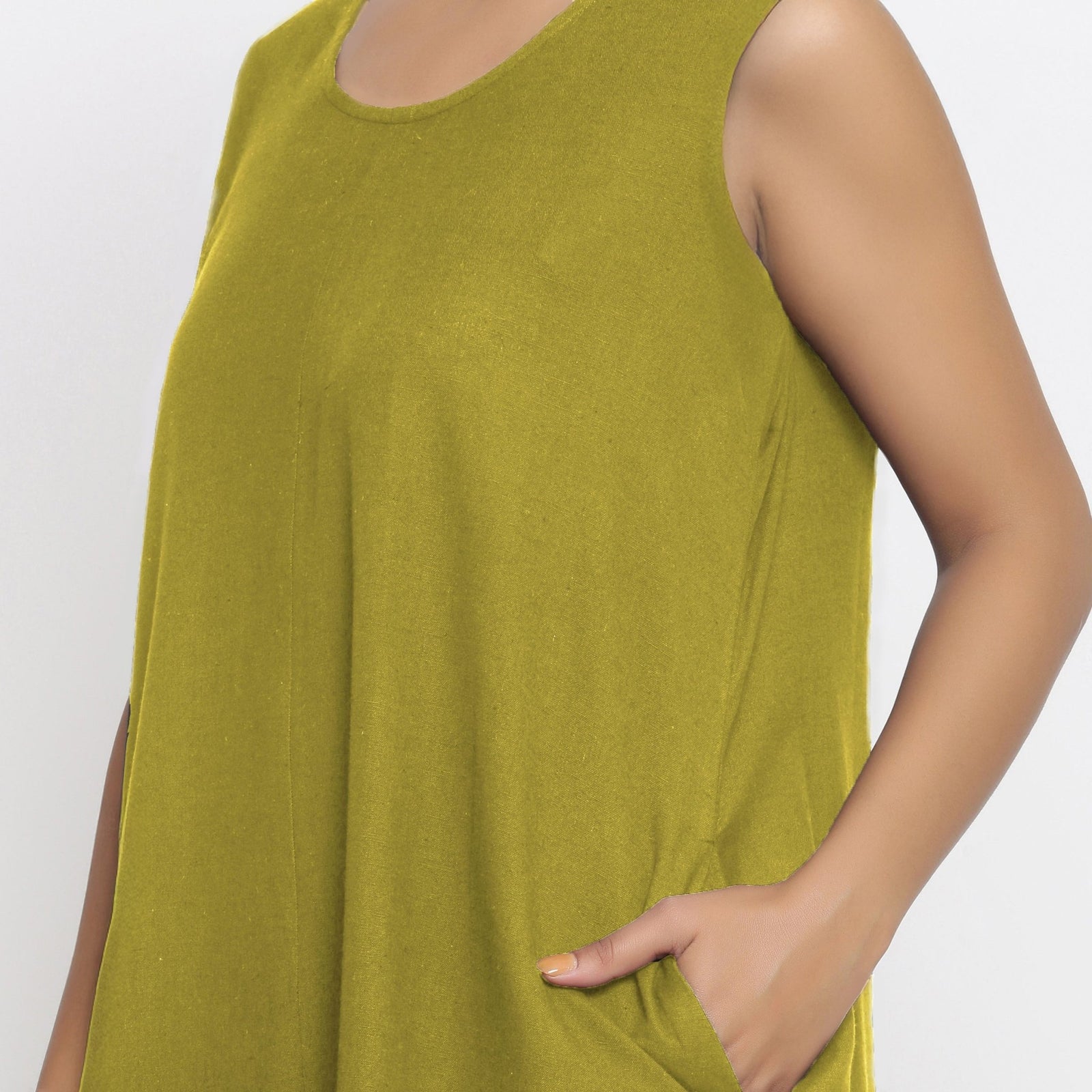 Olive Green Cotton Flax Scoop Neck Sleeveless Maxi Dress 40