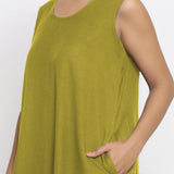 Olive Green Cotton Flax Scoop Neck Sleeveless Maxi Dress
