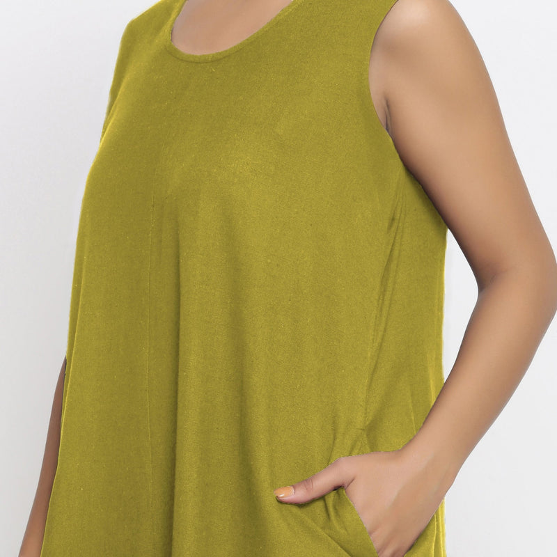 Olive Green Cotton Flax Scoop Neck Sleeveless Maxi Dress