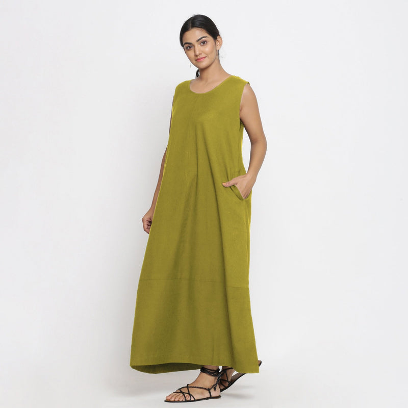 Olive Green Cotton Flax Scoop Neck Sleeveless Maxi Dress