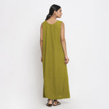 Olive Green Cotton Flax Scoop Neck Sleeveless Maxi Dress
