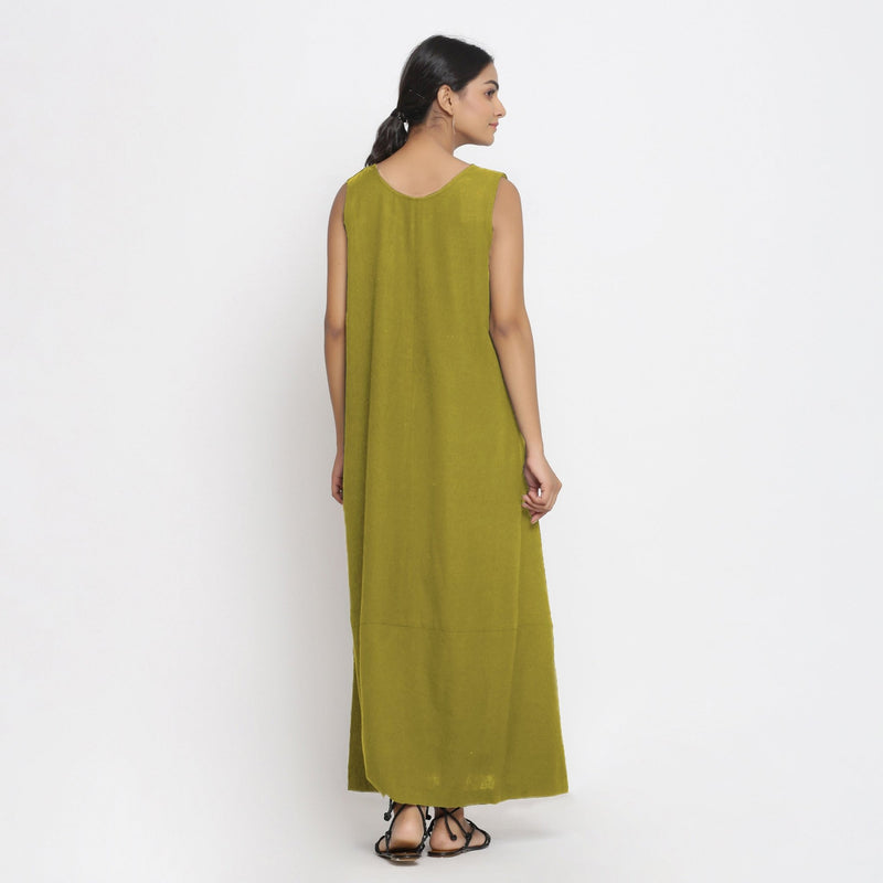 Olive Green Cotton Flax Scoop Neck Sleeveless Maxi Dress
