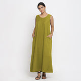 Olive Green Cotton Flax Scoop Neck Sleeveless Maxi Dress