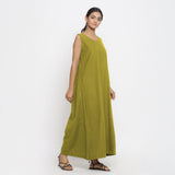 Olive Green Cotton Flax Scoop Neck Sleeveless Maxi Dress