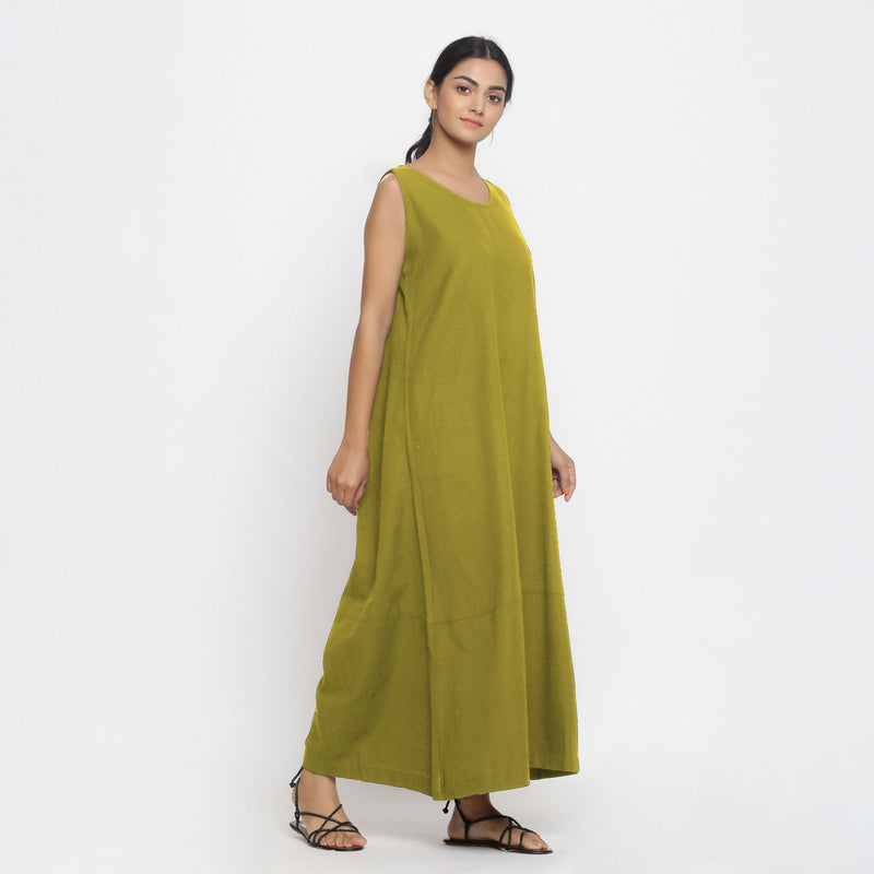 Olive Green Cotton Flax Scoop Neck Sleeveless Maxi Dress