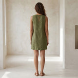Olive Green Cotton Flax Sleeveless A-Line Short Shift Dress