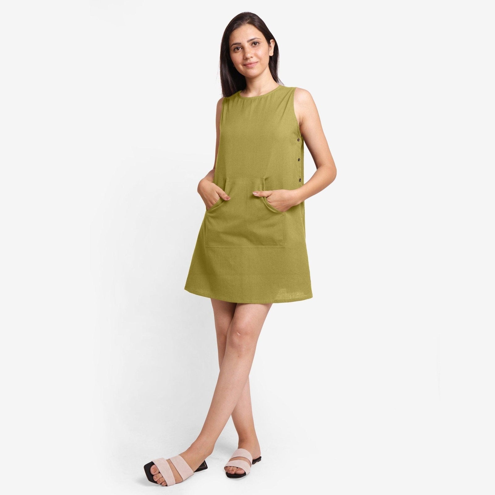 Olive Green Cotton Flax Sleeveless Mini Dress 66
