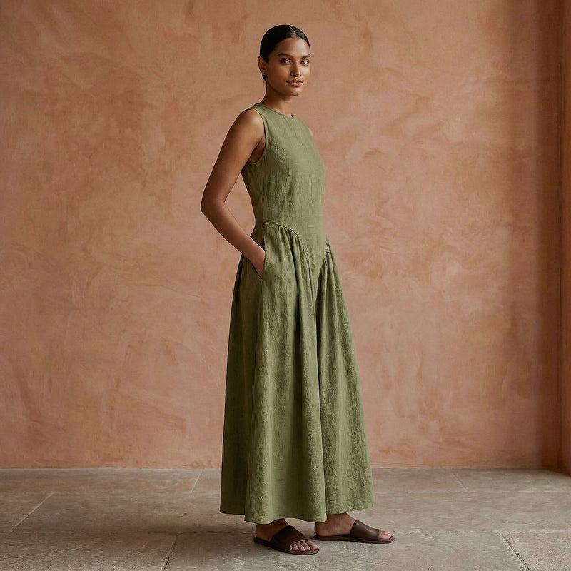Buy Olive Green Cotton Flax Sleeveless Paneled Maxi Dress Online at SeamsFriendly Buy Olive Green Cotton Flax Sleeveless Paneled Maxi Dress Online at SeamsFriendly