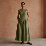 Olive Green Cotton Flax Sleeveless Paneled Maxi Dress