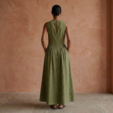 Olive Green Cotton Flax Sleeveless Paneled Maxi Dress