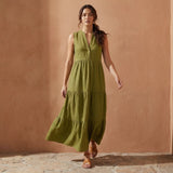 Olive Green Cotton Flax V-Neck Maxi Tier Dress