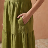 Olive Green Cotton Flax V-Neck Maxi Tier Dress