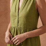 Olive Green Cotton Flax V-Neck Maxi Tier Dress