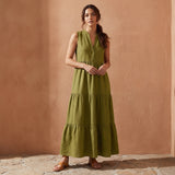 Olive Green Cotton Flax V-Neck Maxi Tier Dress