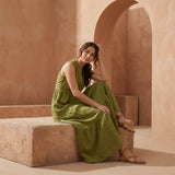 Olive Green Cotton Flax V-Neck Maxi Tier Dress