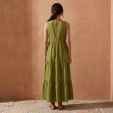 Olive Green Cotton Flax V-Neck Maxi Tier Dress