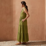 Olive Green Cotton Flax V-Neck Maxi Tier Dress