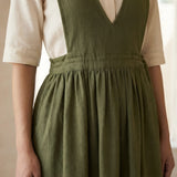 Olive Green Cotton Flax V-Neck Pinafore Midi Wrap Dress