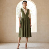Olive Green Cotton Flax V-Neck Pinafore Midi Wrap Dress