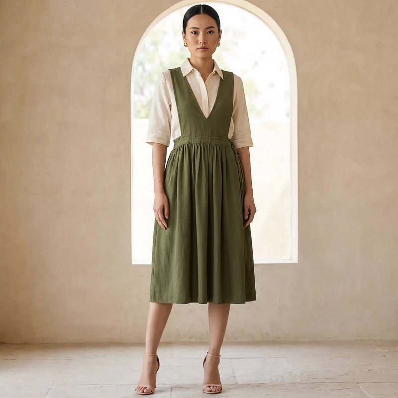 olive green pinafore dress Inspire Chic Women's Faux Leather V Neck Button Down Mini Pinafore Dress XS Olive Green