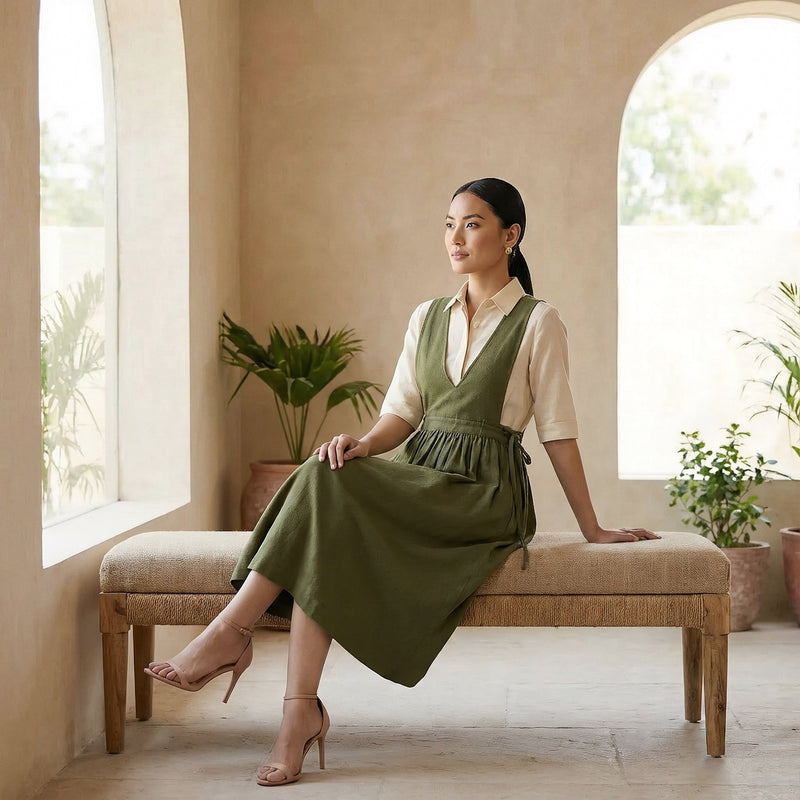 Buy Olive Green Cotton Flax V-Neck Pinafore Midi Wrap Dress Online