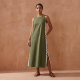 Olive Green Cotton Flax Wavy Stripe Maxi Shift Dress