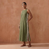 Olive Green Cotton Flax Wavy Stripe Maxi Shift Dress