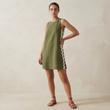 Olive Green Cotton Flax Wavy Stripe Short Shift Dress