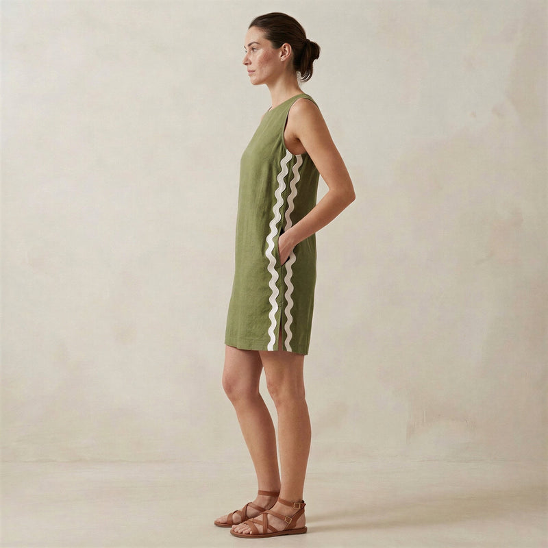 olive green shift dress Olive Green Cotton Flax Wavy Stripe Short Shift Dress 60