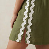 Olive Green Cotton Flax Wavy Stripe Short Shift Dress