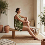 Olive Green Cotton Flax Wavy Stripe Short Shift Dress