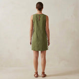 Olive Green Cotton Flax Wavy Stripe Short Shift Dress