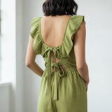 Olive Green Cotton Frilled Square Neck Midi Jumpsuit