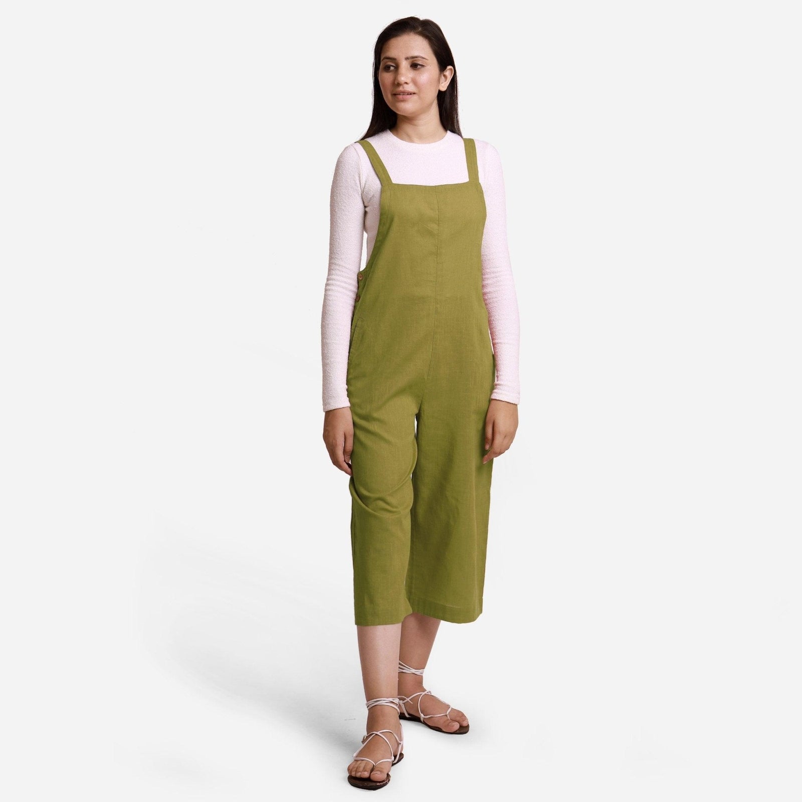 olive green dungaree dress Cotton Pinafore Midi Jumpsuit 34